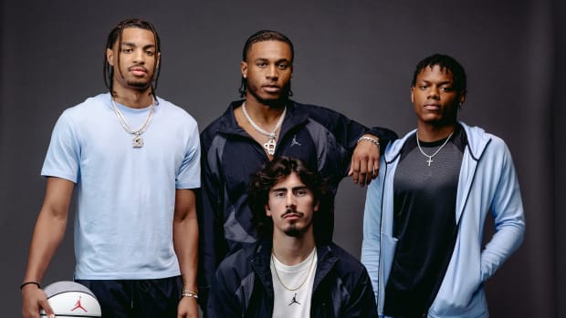 Marcus Sasser, Cam Whitmore, Jaime Jaquez Jr., and Jett Howard pose together for a Jordan Brand photo shoot.